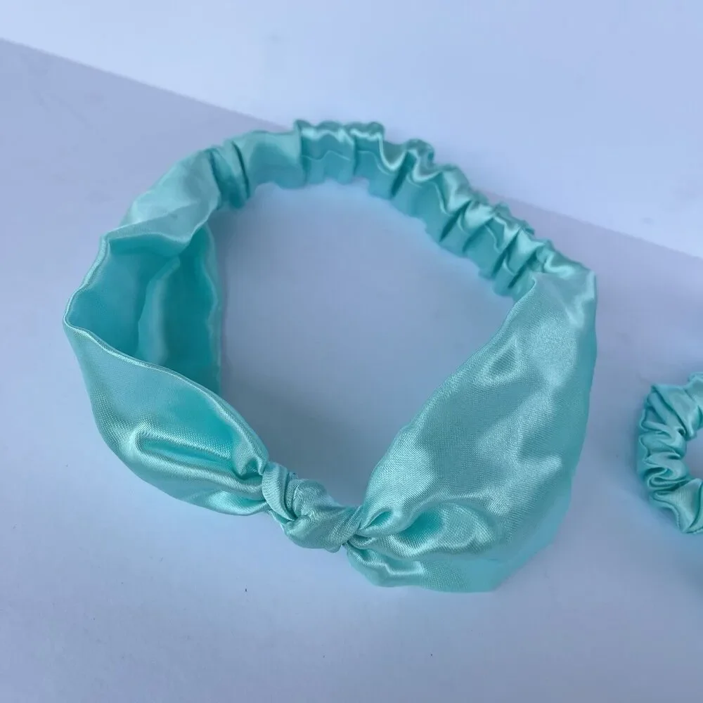2 New Bow Headband Hair Tie Blue Satin
